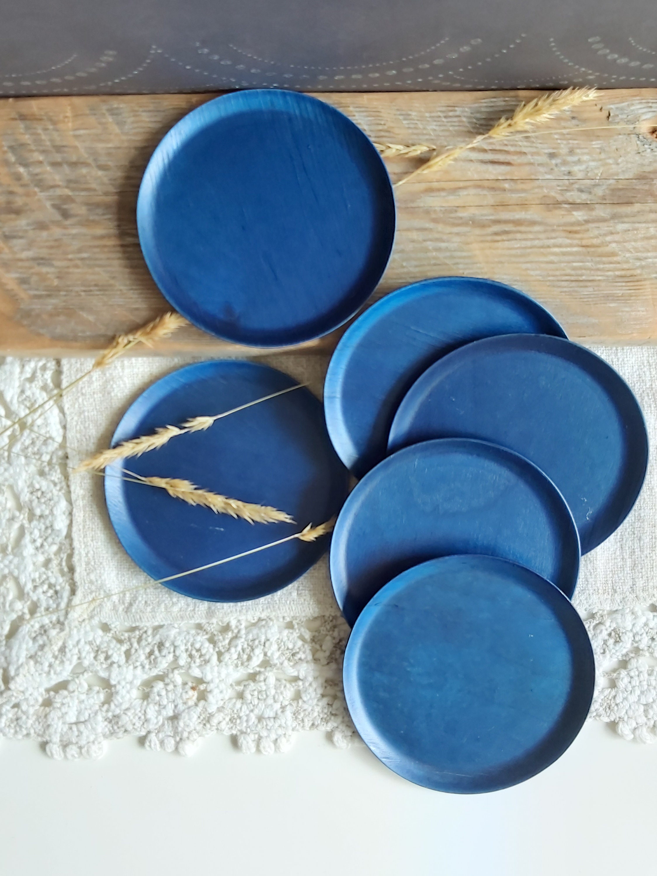 Small wood coasters plates set classic blue home decor spring Etsy 日本