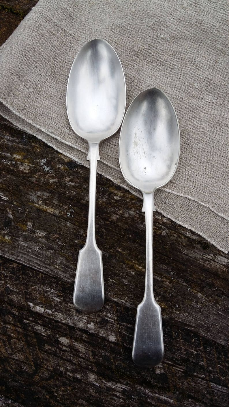 antique large spoon fiddle pattern set old cutlery vintage silverware electro plated nickel silver metal tableware flatware collectible