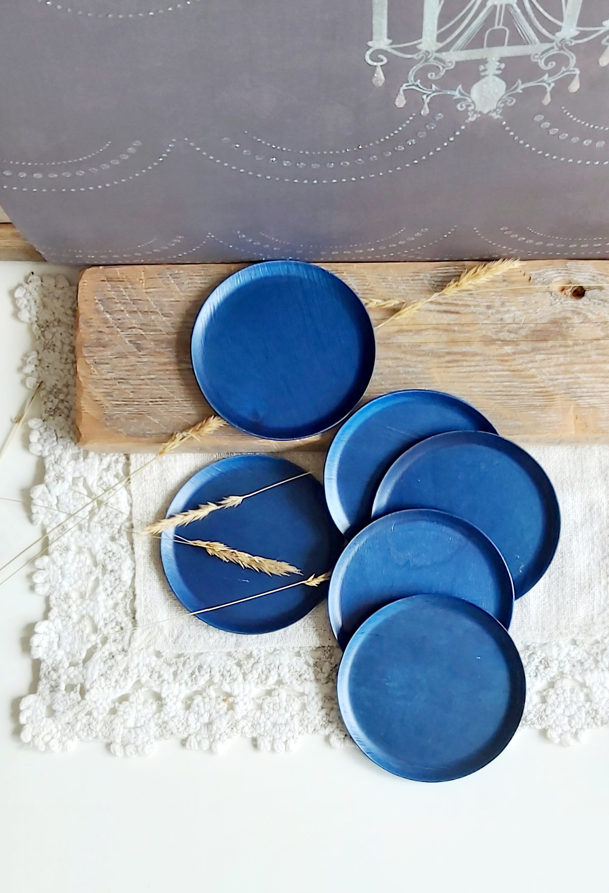 Small wood coasters plates set classic blue home decor spring autumn