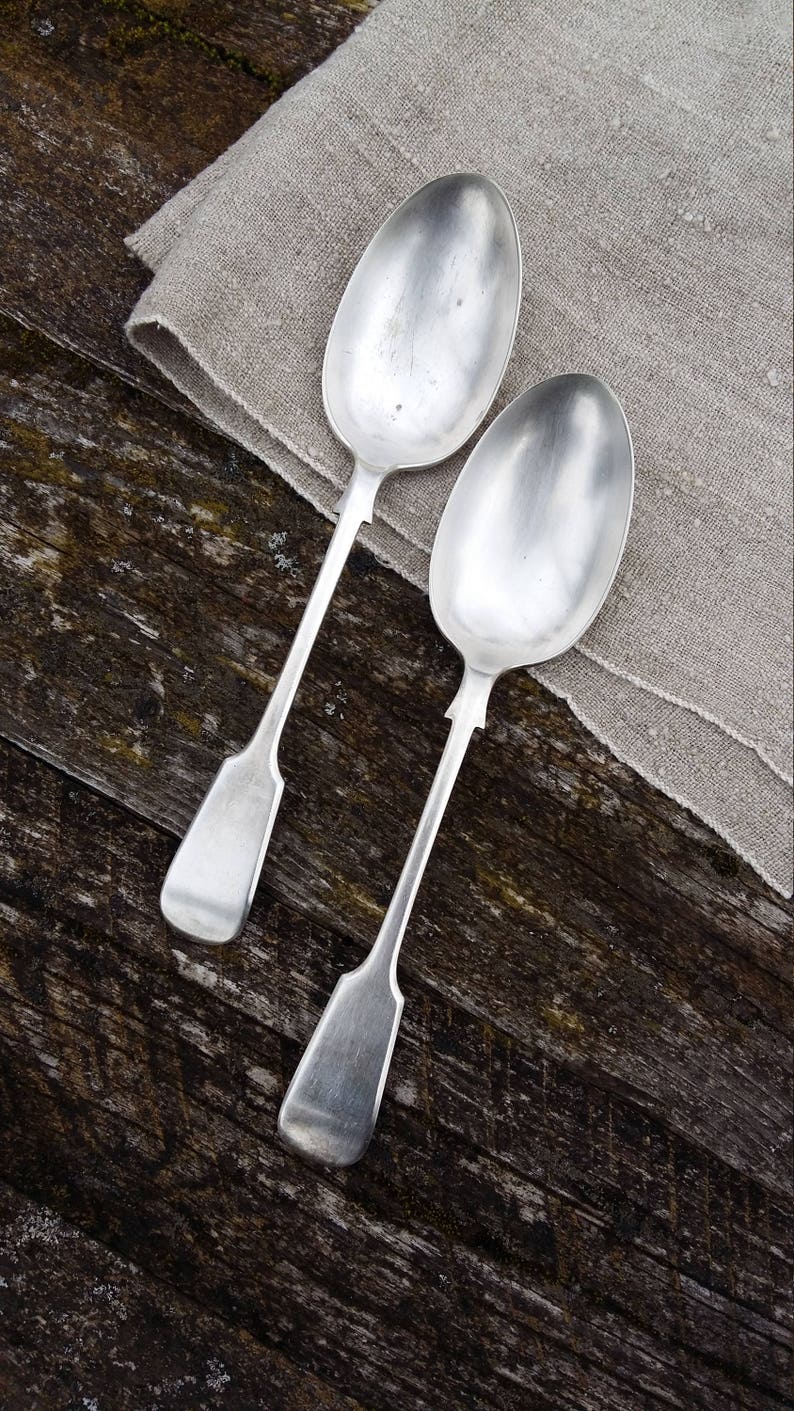 antique large spoon fiddle pattern set old cutlery vintage silverware electro plated nickel silver metal tableware flatware collectible