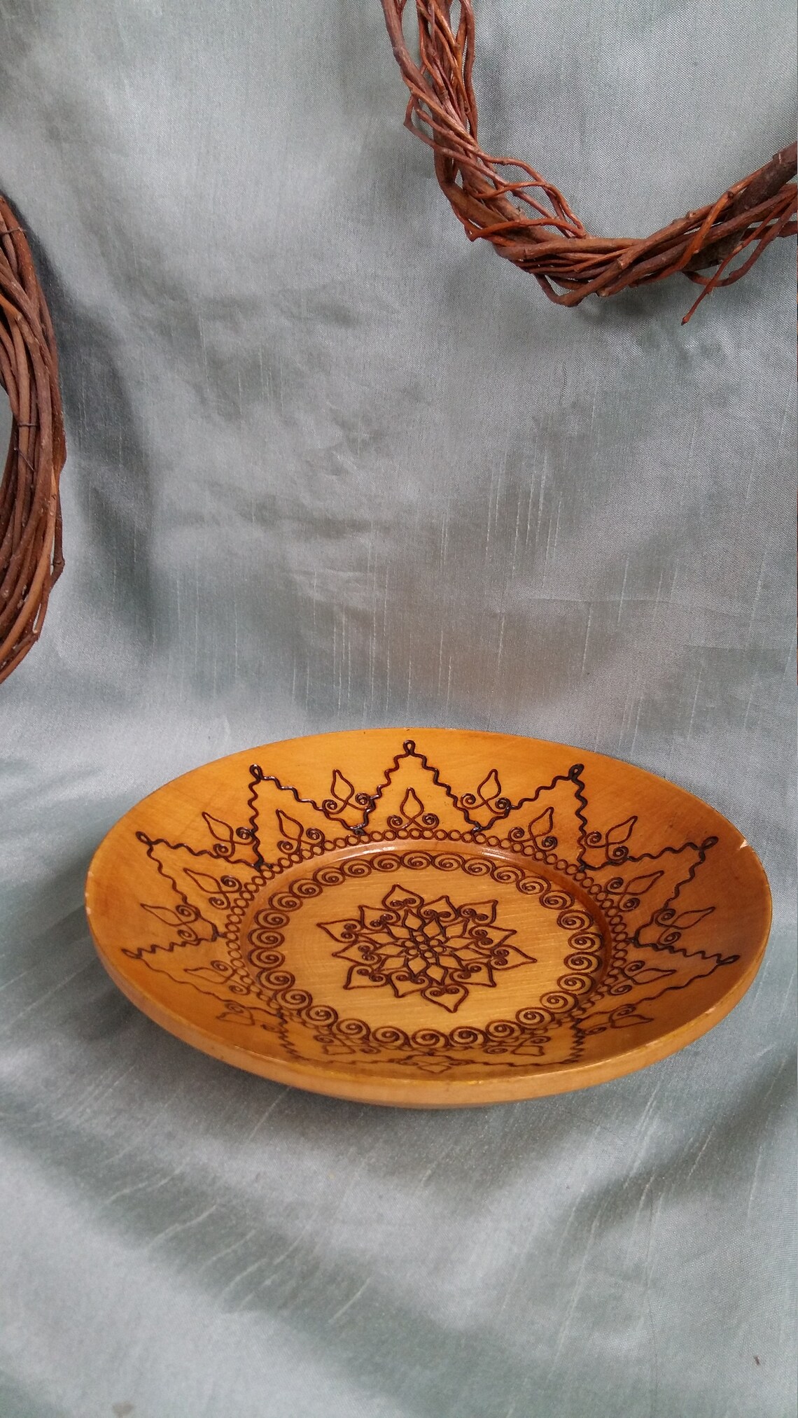 Vintage Wooden Decorative Bowl Plate Round Handmade Wood Etsy