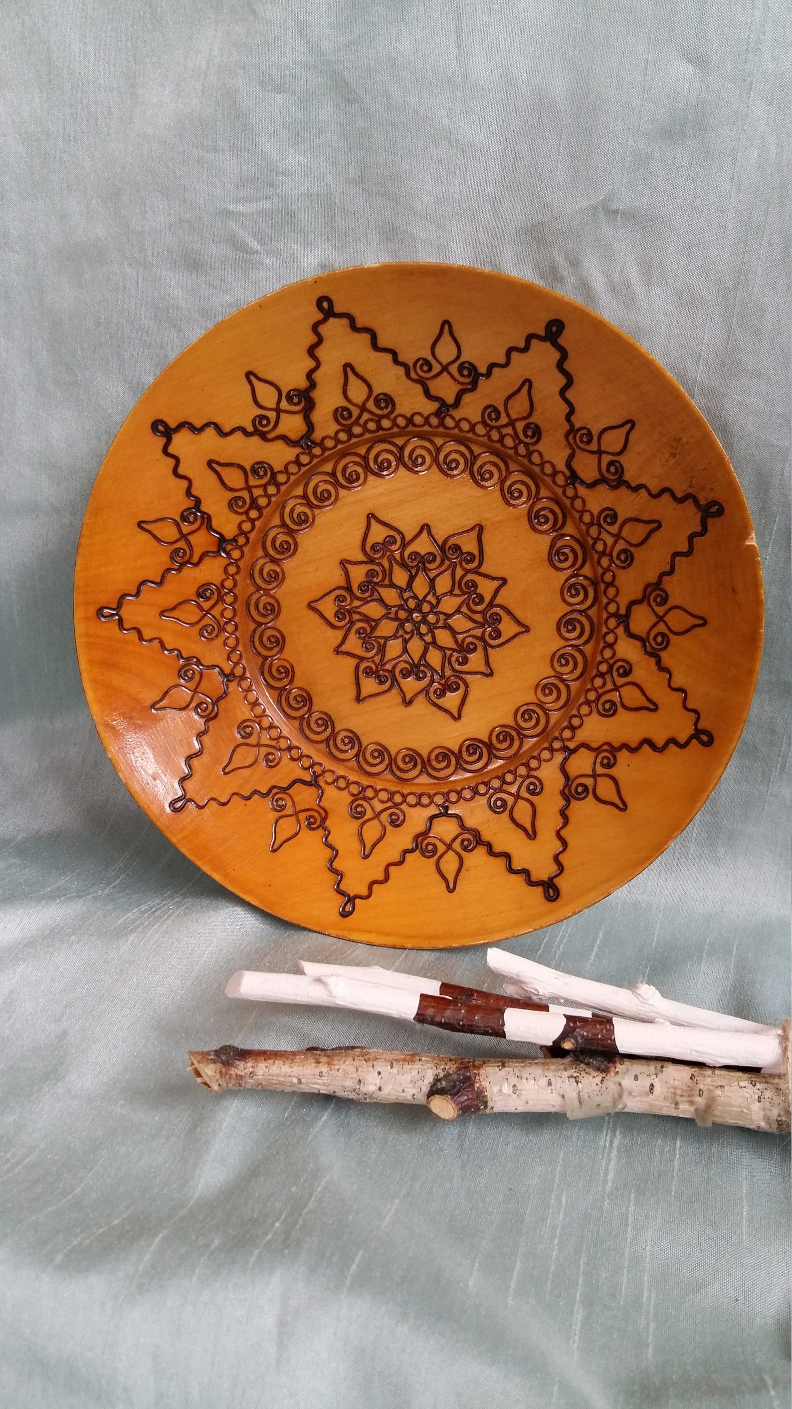 Vintage Wooden Decorative Bowl Plate Round Handmade Wood Etsy