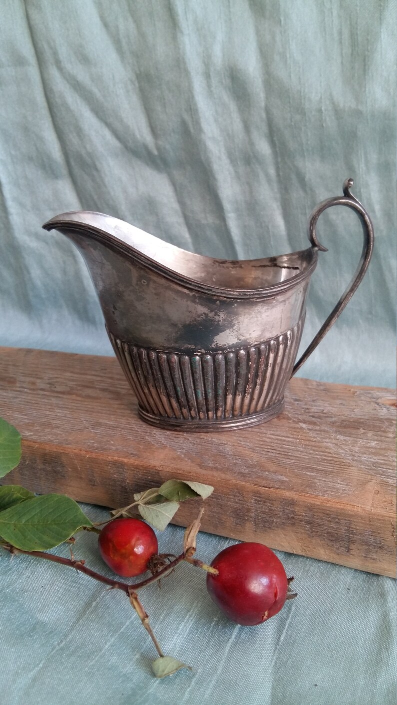 Antique gravy boat jug old metal silverplated dish Triple ...