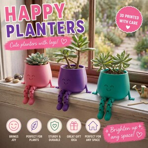 May include: Three colourful planters with legs, each holding a succulent plant, sit on a windowsill. The planters are pink, purple, and teal, with smiling faces. Text reads "HAPPY PLANTERS" and "Cute planters with legs!"