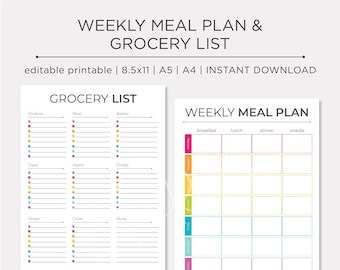Weekly Meal Plan + Grocery List PRINTABLE | Editable