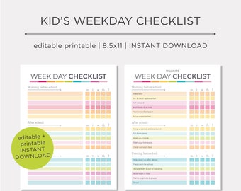Printable Kid's Weekday Checklist | EDITABLE | Instant Download