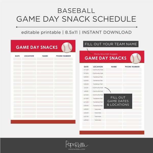 Baseball Game Day Snack Schedule | EDITABLE | Instant Download