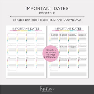Printable Important Dates Calendar | EDITABLE | Instant Download