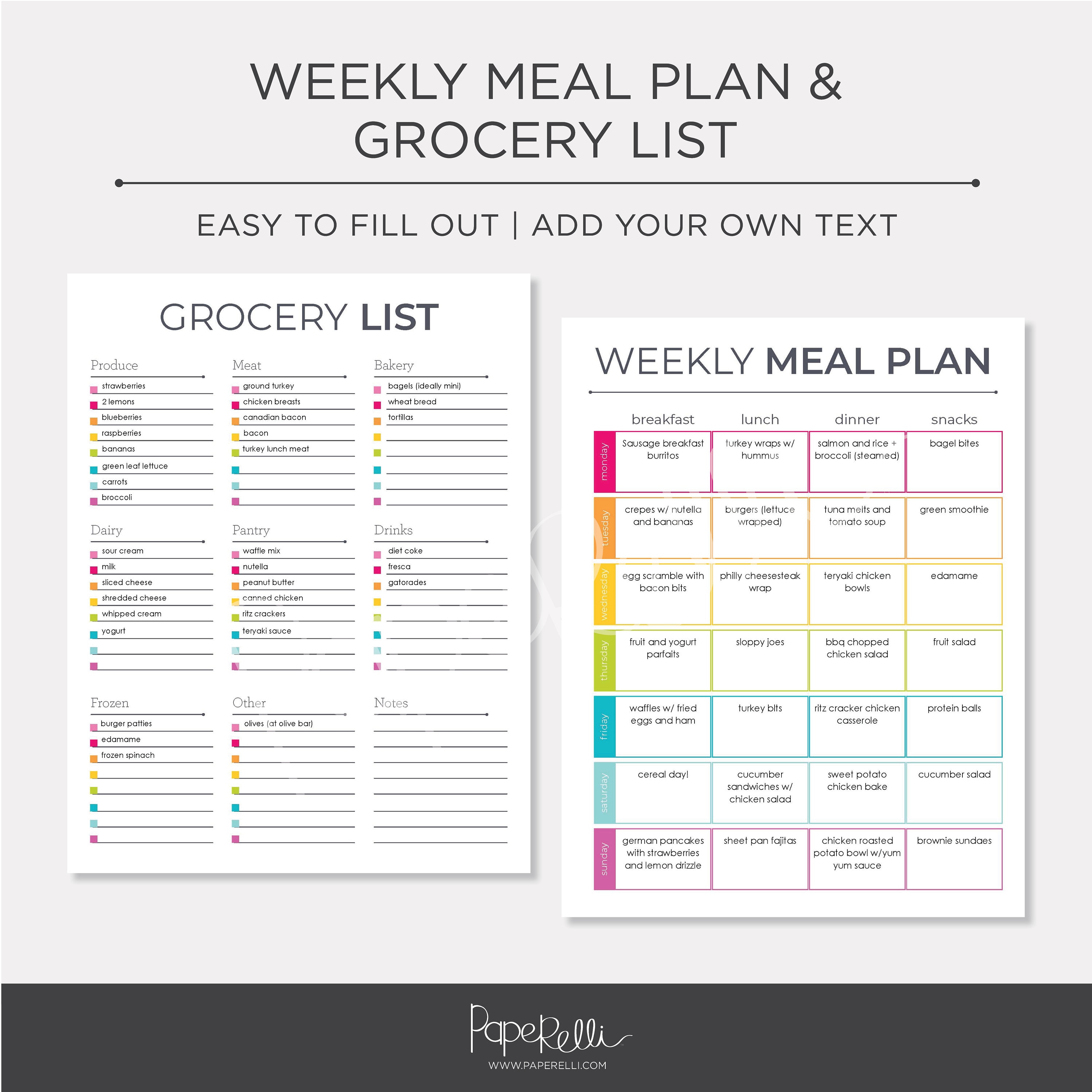 Weekly Meal Plan + Grocery List PRINTABLE | Editable - Etsy