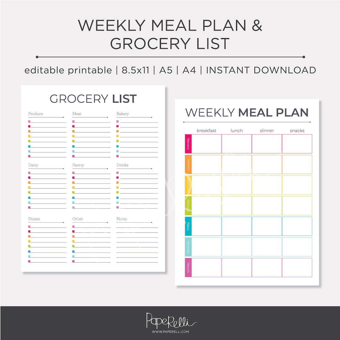 Weekly Meal Plan + Grocery List PRINTABLE | Editable - Etsy