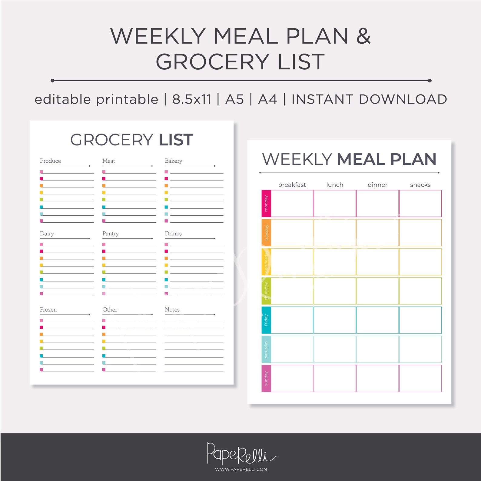 Weekly Meal Plan + Grocery List PRINTABLE | Editable - Etsy