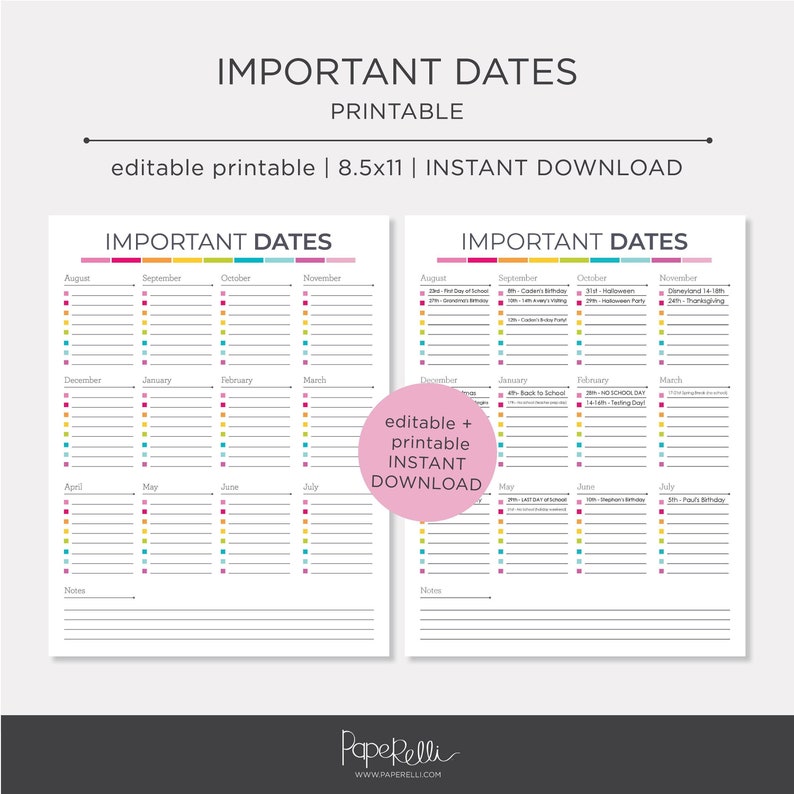 Printable Important Dates Calendar EDITABLE Instant Download image 1