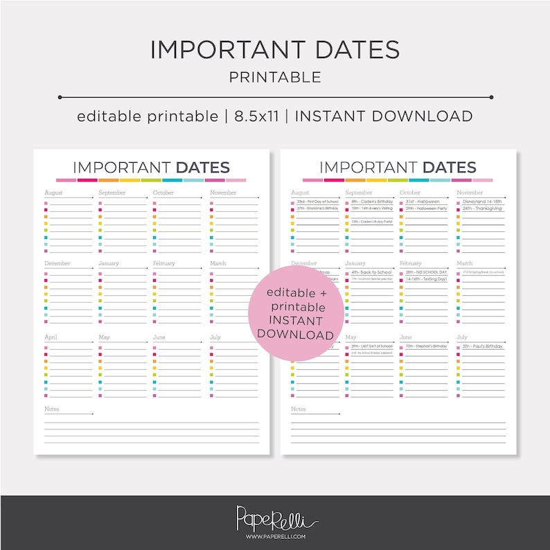 Printable Important Dates Calendar EDITABLE Instant Download image 1