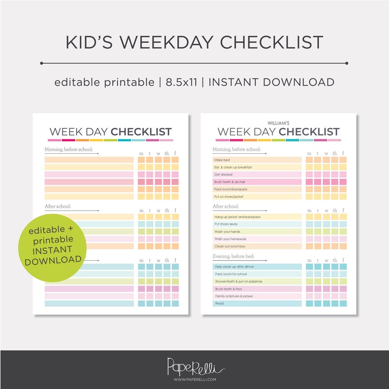 Printable Kid's Weekday Checklist EDITABLE Instant Download image 1