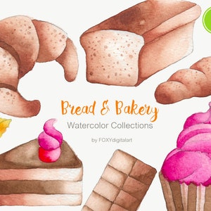 Clipart di pane acquerello, grafica di panetteria, baguette, croissant, chicco di grano, icona del pane, clipart di cibo, collezione di panetteria acquerello