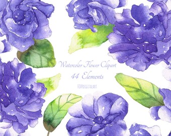 Watercolor Flower Clipart, Watercolour Rose Floral Clipart, Purple Flowers, Hand Painted Digital Scrapbook Elements, Instant Download
