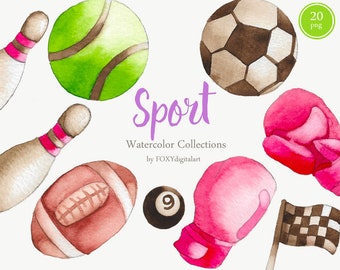 Watercolor Sports Clipart, Footballs, Golf, Baseballs, Sports Clipart, Hand Drawn Sports Equipment Clipart, Super Bowl Clipart, Summer Fun