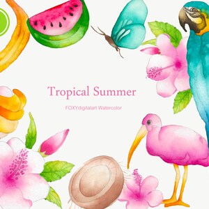 Tropical clip art, watercolor summer clipart set, parrot, flamingo, watermelon, ice cream, beach clipart, summer graphics, aloha hawaii