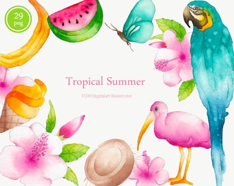 Tropical clip art, watercolor summer clipart set, parrot, flamingo, watermelon, ice cream, beach clipart, summer graphics, aloha hawaii