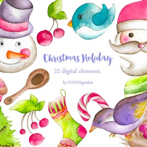 Christmas Clip Art Santa Claus Watercolor , Christmas Tree, Snowman Clipart, Christmas Ornament Watercolor Clipart Candy Cane Holiday Winter