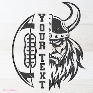 May include: Black and white graphic design featuring a Viking warrior and a football. The design is split vertically, with the football on the left and the Viking on the right. The text "YOUR TEXT" is in the center.