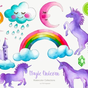 Unicorn watercolor clipart, watercolor unicorn clipart, rainbow clipart, nursery décor, woodlands animal, magical clipart, unicorn party