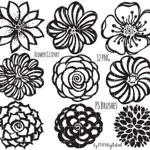 Clipart de fleurs, à la main de contour fleur dessinée, timbre numérique Silhouette PNG, Photoshop Brush, fleur Doodles image 2