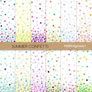 Könnte beinhalten: Satz von acht digitalen Papiermustern mit einem Konfetti-Design mit bunten Punkten auf weißem Hintergrund. Der Text "SUMMER CONFETTI" und "FOXYdigitalart" befindet sich oben im Bild.