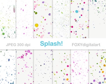 Akvarellfärg stänk digitalt papper, droppande färgstänk akvarell, sprayfärgpensel stänkeffekt, färgglada ljusa stänk