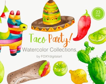 Taco Clipart, Mexican Food Clipart, Watercolor Cinco De Mayo Clipart Tortilla, Guitar Cactus, Mexican Fiesta Invitations, Taco Tuesday, Fun