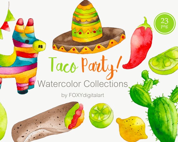 Taco Clipart, Mexican Food Clipart, Watercolor Cinco De Mayo Clipart Tortilla, Guitar Cactus, Mexican Fiesta Invitations, Taco Tuesday, Fun