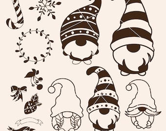 May include: A set of 10 black and white Christmas gnome SVG cut files. The gnomes are wearing striped and patterned hats. The set also includes a candy cane, snowflake, wreath, bow, berries, strawberry, and a banner.