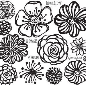 Flower Clipart, Hand Drawn Flower Outline, Digital Stamp Silhouette PNG, Photoshop Brush, Flower Doodles, Flower Line Art, Rose Doodle