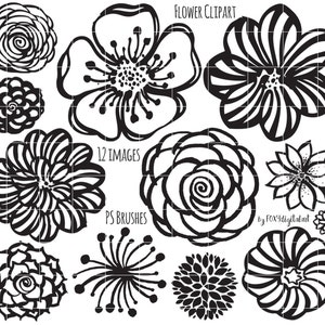 Clipart de fleurs, à la main de contour fleur dessinée, timbre numérique Silhouette PNG, Photoshop Brush, fleur Doodles image 1