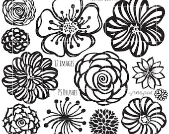 Flower Clipart, Hand Drawn Flower Outline, Digital Stamp Silhouette PNG, Photoshop Brush, Flower Doodles, Flower Line Art, Rose Doodle