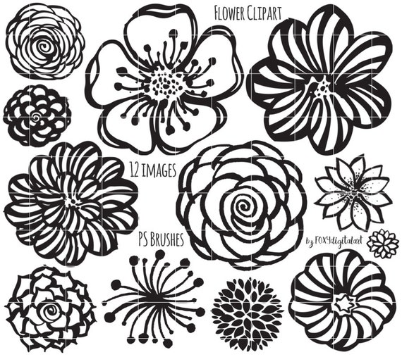 Blumen Clipart Von Hand Gezeichneten Blume Umriss Digitalen Etsy