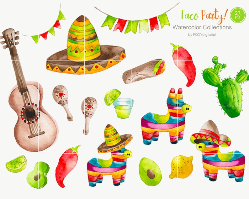 May include: A set of 23 watercolor illustrations featuring Mexican fiesta party elements. The illustrations include a sombrero, maracas, a guitar, a cactus, a pinata, limes, avocados, chili peppers, a burrito, and a glass of tequila.