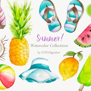 Beach Clipart, Summer Clipart, Watercolor Summer Clipart, Hello Summer Clipart, Travel Clipart, Holiday Tropical Clipart, Pineapple Clipart