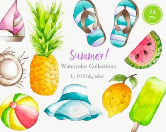 Beach Clipart, Summer Clipart, Watercolor Summer Clipart, Hello Summer Clipart, Travel Clipart, Holiday Tropical Clipart, Pineapple Clipart