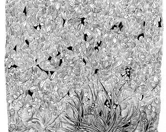 Puede incluir: Un dibujo en blanco y negro de un denso matorral de follaje. El dibujo es detallado e intrincado, con muchas hojas y ramas individuales visibles. El follaje crece de forma salvaje y sin domesticar, creando una sensación de belleza natural.