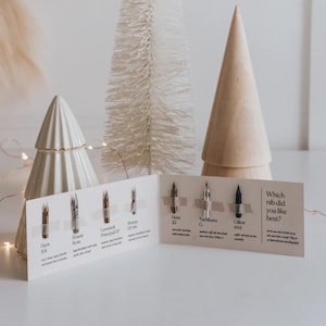 May include: A white card with a selection of different calligraphy nibs, each with a description of its features. The card is titled "Which nib did you like best?"