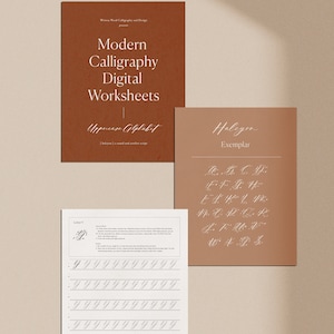 May include: A digital worksheet for learning modern calligraphy. The worksheet features the uppercase letter "T" with instructions and practice lines. The worksheet also includes an exemplar of the entire uppercase alphabet in the "Haleyor" script.