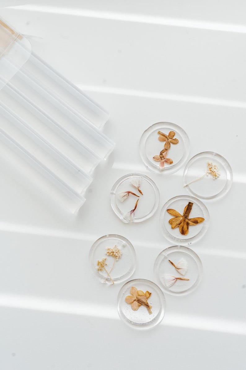 Round clear wax seals, each with a different arrangement of dried flowers in shades of brown, beige, and white. The wax seals are displayed on a white surface. A set of clear wax sealing sticks are in the upper left corner.