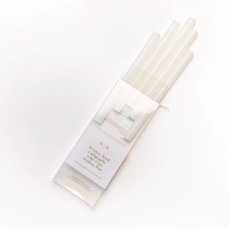 A pack of vellum glue sticks for a glue gun, labelled "Written Word Calligraphy Glue Gun Sealing Wax".