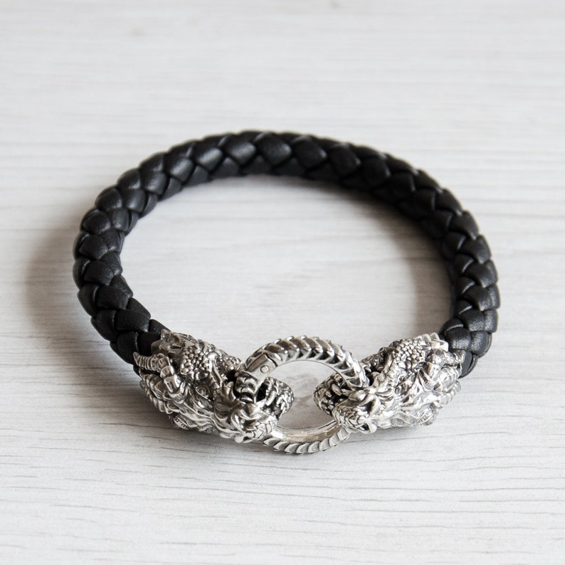 Sterling Silver Dragon Bracelet Men Braided Leather Black - Etsy