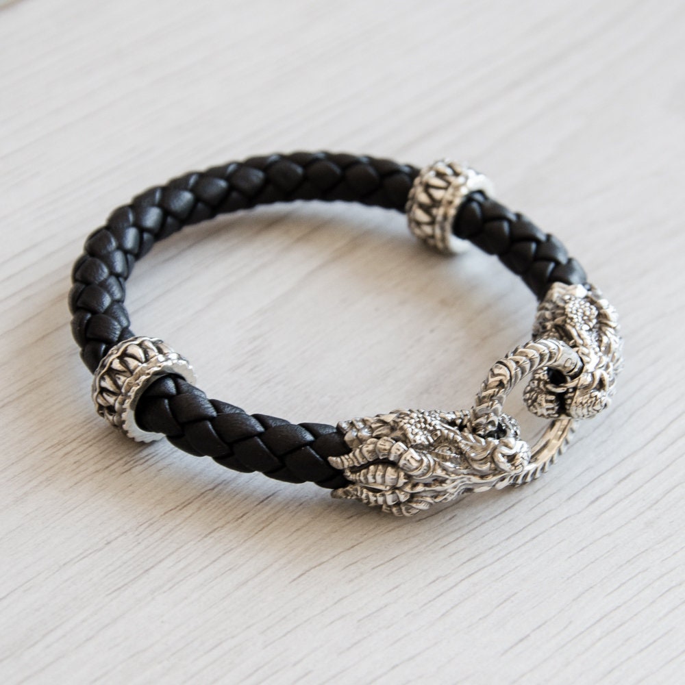 Silver Dragon Bracelet for Men, Leather Dragon Jewelry, Smaug Armband ...