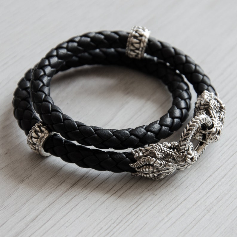 Silver Dragon Bracelet Man With Two Wrapped 8 Mm Leather Cord, Dragon ...