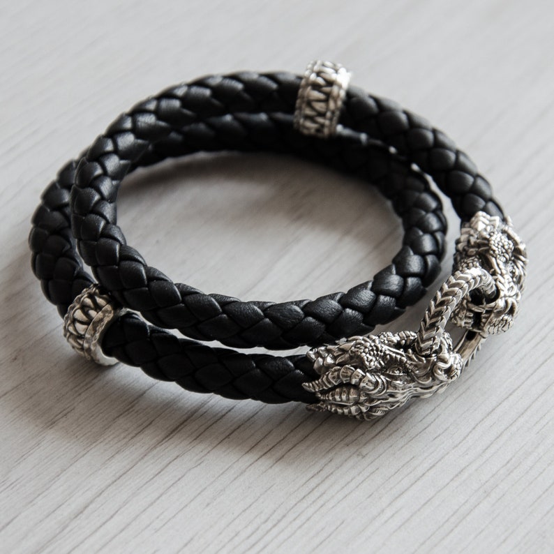 Silver Dragon Bracelet Man With Two Wrapped 8 Mm Leather Cord, Dragon