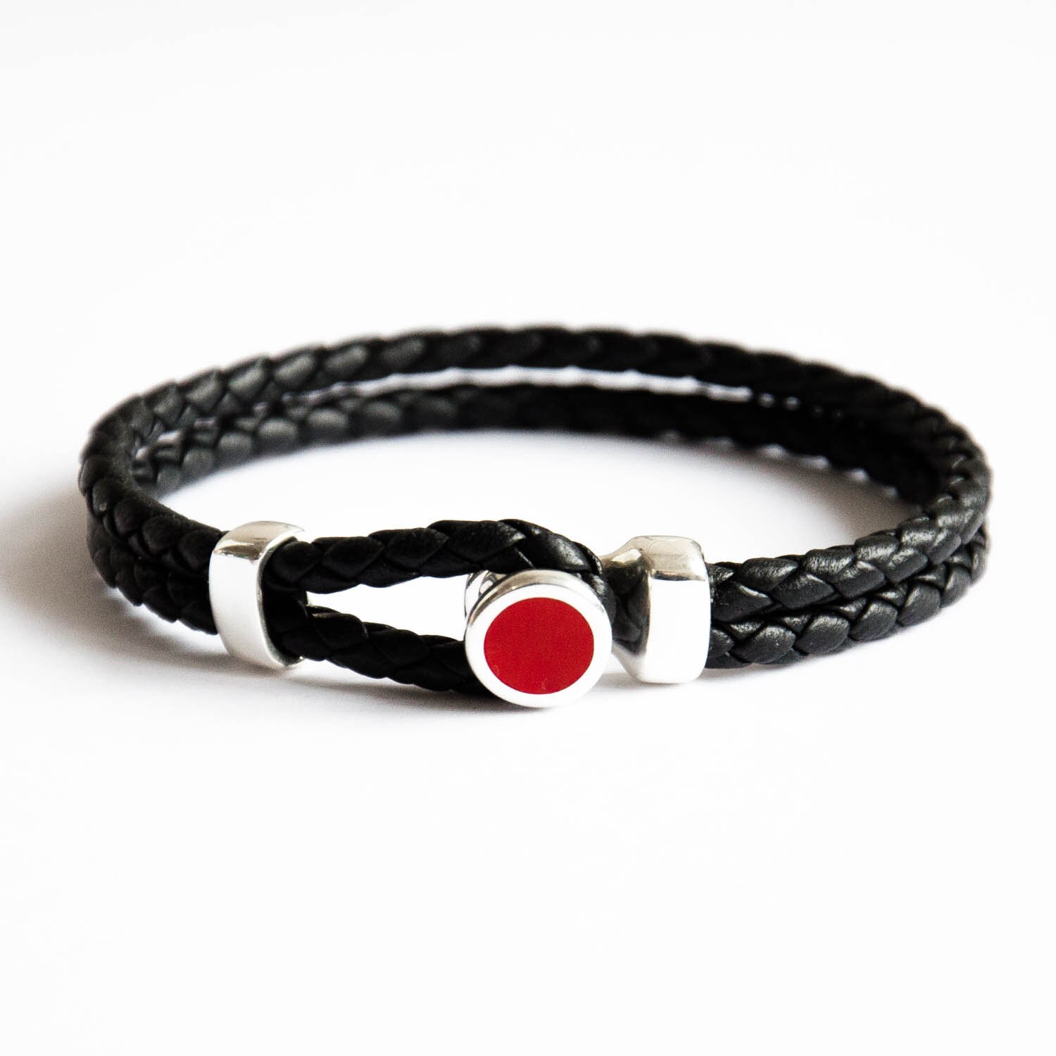 Red and Black Bracelet Man Silver Bracelet With Black Leather and