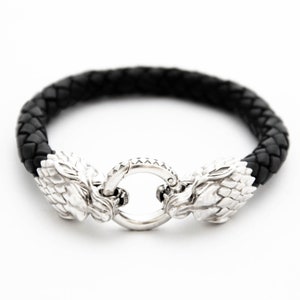 Wolf Bracelet Man, Silver Leather Bracelet with Wolves, Personalized Bracelet Man Gift